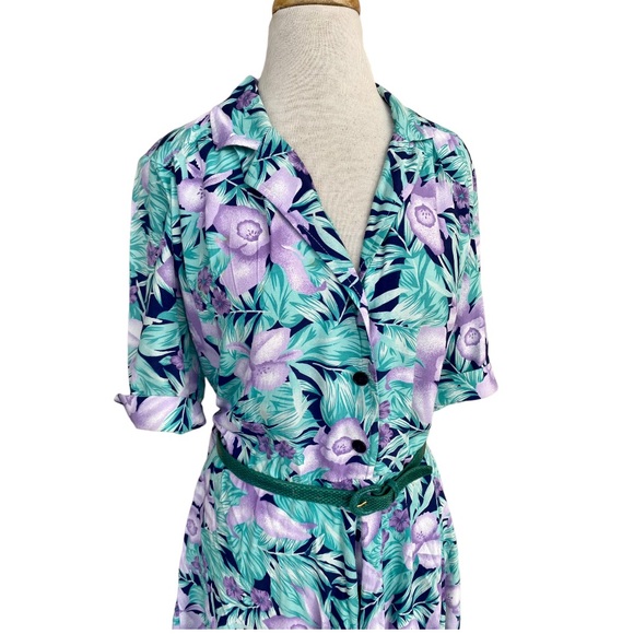 Vtg Sally III Green Purple Floral Midi Shirt Dress Rayon Sz 14 Cottage 80s - Picture 5 of 7